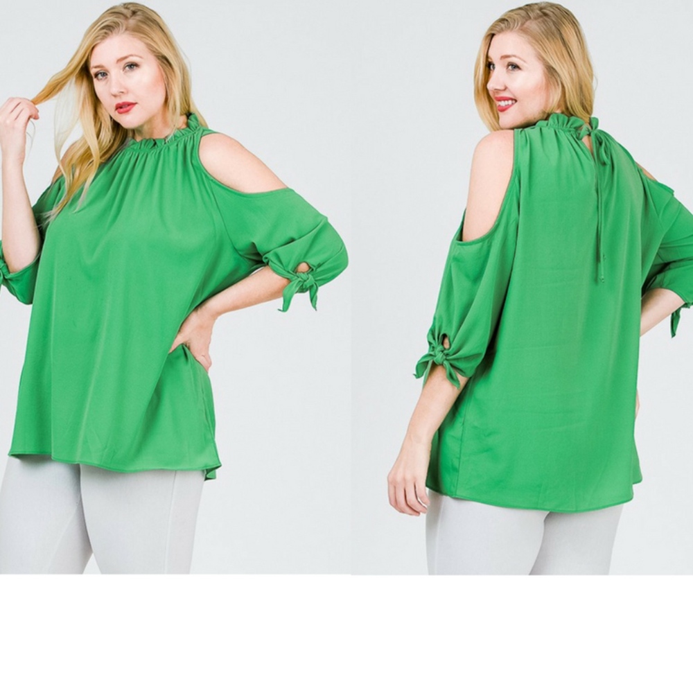 New Plus Size Green Cold Shoulder Top